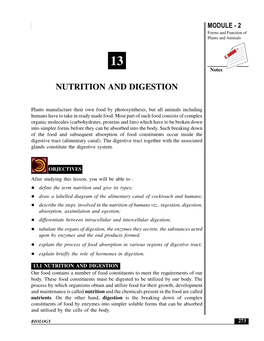 Nutrition and Digestion MODULE - 2 Forms and Function of Plants and Animals