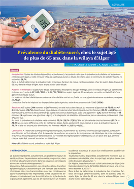Prévalence Du Diabète Sucré, Chez Le Sujet Âgé De Plus De 65 Ans, Dans La Wilaya D’Alger
