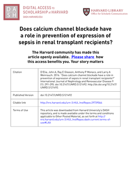 Does Calcium Channel Blockade Have a Role in Prevention of Expression of Sepsis in Renal Transplant Recipients?