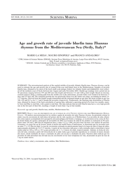 Age and Growth Rate of Juvenile Bluefin Tuna Thunnus Thynnus from the Mediterranean Sea (Sicily, Italy)*