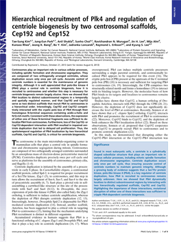 Hierarchical Recruitment of Plk4 and Regulation of Centriole Biogenesis by Two Centrosomal Scaffolds, Cep192 and Cep152