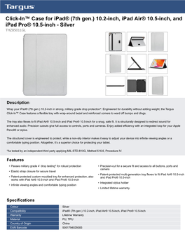 Click-In™ Case for Ipad® (7Th Gen.) 10.2-Inch, Ipad Air® 10.5-Inch, and Ipad Pro® 10.5-Inch - Silver THZ85011GL