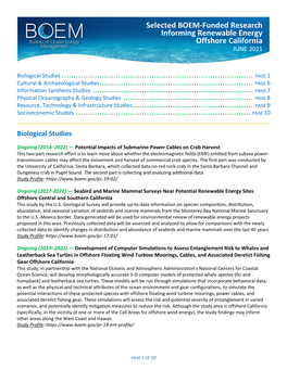 Selected BOEM-Funded Research Informing Renewable Energy Offshore California JUNE 2021