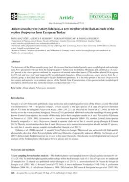 Allium Urusakiorum (Amaryllidaceae), a New Member of the Balkan Clade of the Section Oreiprason from European Turkey