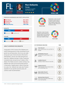 Ron Desantis Florida Inauguration: Jan 2019 6 FL Next Election: 2022 State Control Party Governor Party Republican Republican OVERALL RANK