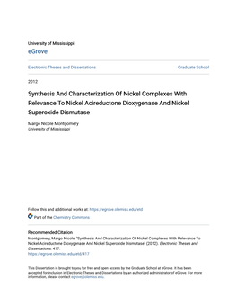 Synthesis and Characterization of Nickel Complexes with Relevance to Nickel Acireductone Dioxygenase and Nickel Superoxide Dismutase