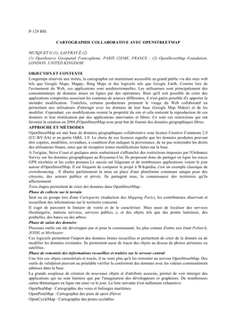 P-129 BIS CARTOGRAPHIE COLLABORATIVE AVEC OPENSTREETMAP MUSQUET G.(1), LAFFRAY É.(2) (1) Opensource Géospatial Francophone