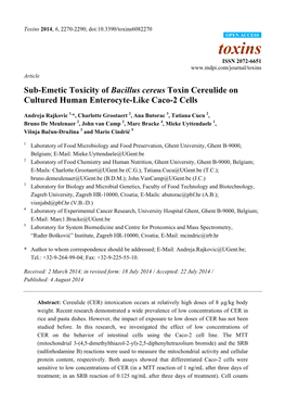 Sub-Emetic Toxicity of Bacillus Cereus Toxin Cereulide on Cultured Human Enterocyte-Like Caco-2 Cells