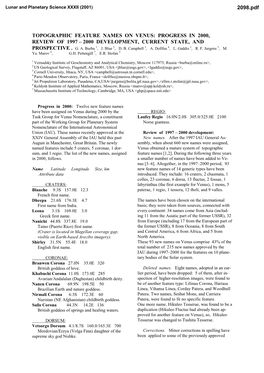 Topographic Feature Names on Venus: Progress in 2000, Review of 1997 – 2000 Development, Current State, and Prospective