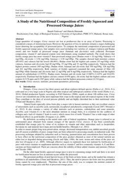 A Study of the Nutritional Composition of Freshly Squeezed and Processed Orange Juices