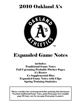 2010 Oakland A's Expanded Game Notes