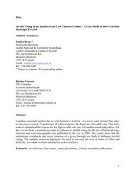 Invalid Voting in an Apolitical and Low Turnout Context: a Case Study of One Canadian Municipal Election