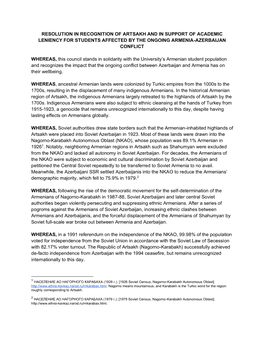 Resolution in Recognition of Artsakh and in Support of Academic Leniency for Students Affected by the Ongoing Armenia-Azerbaijan Conflict