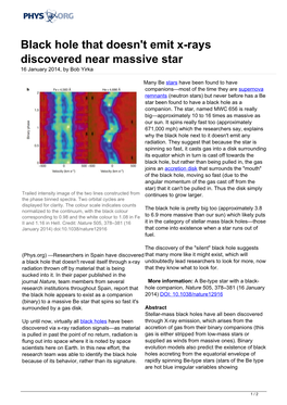 Black Hole That Doesn't Emit X-Rays Discovered Near Massive Star 16 January 2014, by Bob Yirka