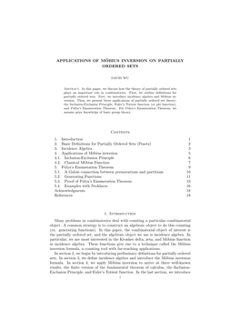 APPLICATIONS of M¨OBIUS INVERSION on PARTIALLY ORDERED SETS Contents 1. Introduction 1 2. Basic Definitions for Partially Order