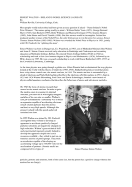 ERNEST WALTON – IRELAND’S NOBEL SCIENCE LAUREATE by William Reville, University College, Cork