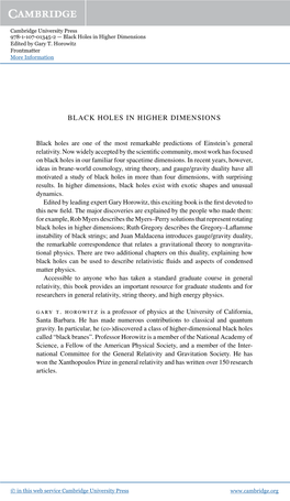 Black Holes in Higher Dimensions Edited by Gary T