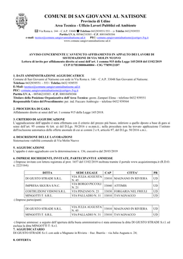 COMUNE DI SAN GIOVANNI AL NATISONE Provincia Di Udine Area Tecnica - Ufficio Lavori Pubblici Ed Ambiente