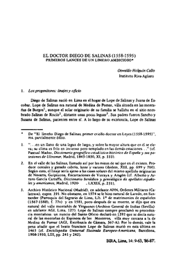 El Doctor Diego De Salinas (1558-1595) Primeros Lances De Un Limeño Ambicioso·
