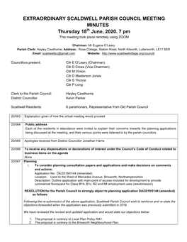 EXTRAORDINARY SCALDWELL PARISH COUNCIL MEETING MINUTES Thursday 18Th June, 2020