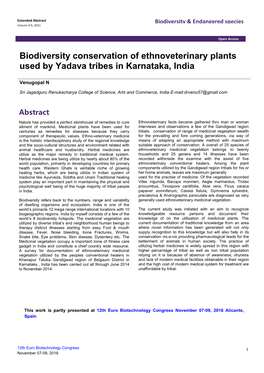 Biodiversity Conservation of Ethnoveterinary Plants Used by Yadava Tribes in Karnataka, India