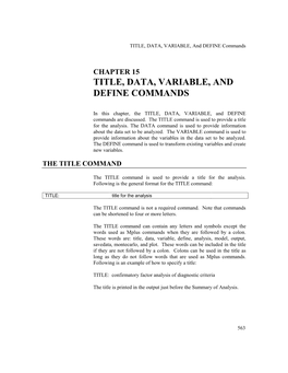 Chapter 15 Title, Data, Variable, and Define Commands