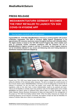 Press Release Mediamarktsaturn Germany Becomes the First Retailer to Launch Tüv Süd Covid-19 Hygiene App