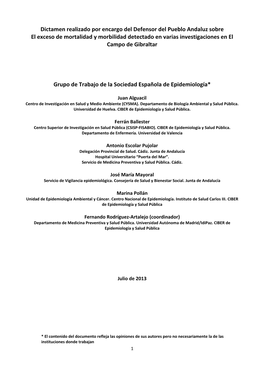 Dictamen Realizado Por Encargo Del Defensor Del Pueblo Andaluz Sobre El Exceso De Mortalidad Y Morbilidad Detectado En Varias I