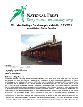 Victorian Heritage Database Place Details - 26/9/2021 Ararat Railway Station Complex