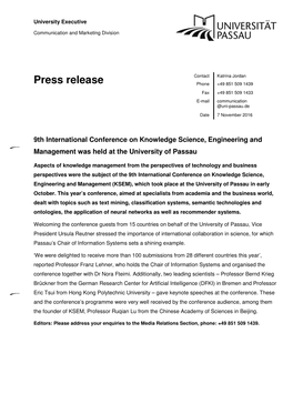 Press Release Phone +49 851 509 1439 Fax +49 851 509 1433 E-Mail Communication @Uni-Passau.De Date 7 November 2016