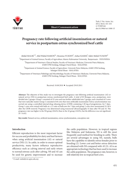 Pregnancy Rate Following Artificial Insemination Or Natural Service In