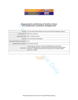 Biogeographic Partitioning of Southern Ocean Formicroorganisms Peer Review Revealed by Metagenomics Only