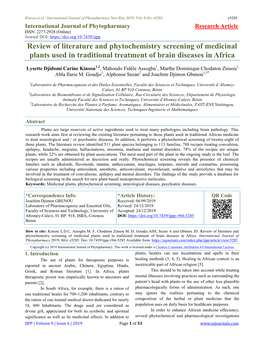Review of Literature and Phytochemistry Screening of Medicinal Plants Used in Traditional Treatment of Brain Diseases in Africa