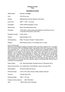 Embassy of India Tunis Fact Sheet on Tunisia Official Name : Republic Of