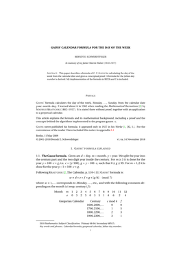 Gauss' Calendar Formula for the Day of the Week