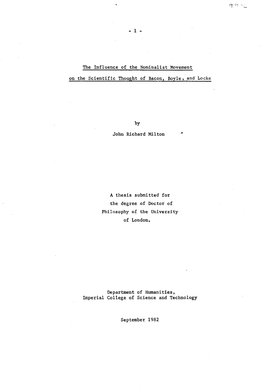 The Influence of the Nominalist Movement on the Scientific Thought of Bacon, Boyle? and Locke