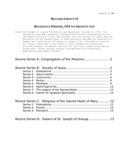 Record Group 19 Religious Orders, 1918 to Present