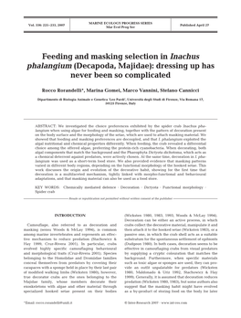 Feeding and Masking Selection in Inachus Phalangium (Decapoda, Majidae): Dressing up Has Never Been So Complicated