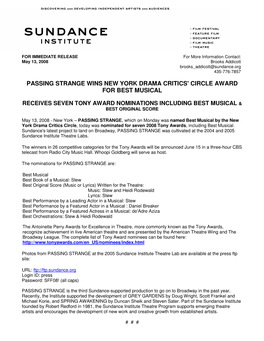 Passing Strange Wins New York Drama Critics' Circle Award for Best Musical