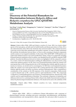 Discovery of the Potential Biomarkers for Discrimination Between Hedyotis Diffusa and Hedyotis Corymbosa by UPLC-QTOF/MS Metabolome Analysis