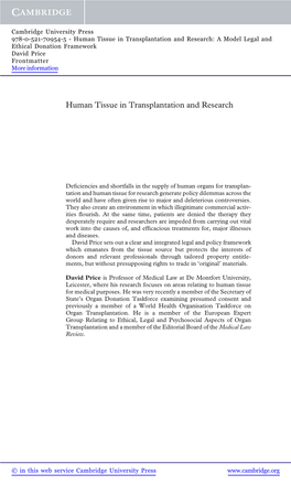 Human Tissue in Transplantation and Research: a Model Legal and Ethical Donation Framework David Price Frontmatter More Information