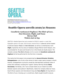 Seattle Opera Unveils 2020/21 Season