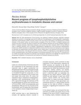 Review Article Recent Progress of Lysophosphatidylcholine Acyltransferases in Metabolic Disease and Cancer