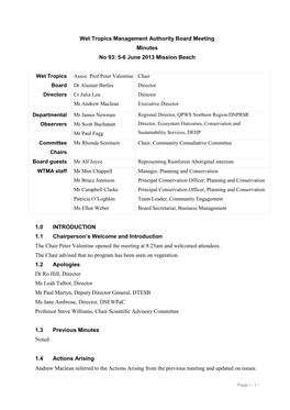Wet Tropics Management Authority Board Meeting Minutes No 93: 5-6 June 2013 Mission Beach