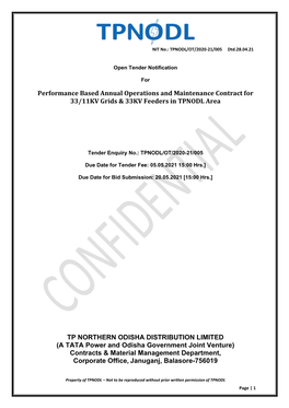 Performance Based Annual Operations and Maintenance Contract for 33/11KV Grids & 33KV Feeders in TPNODL Area