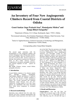 An Inventory of Four New Angiospermic Climbers Record from Coastal Districts of Odisha