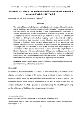 Libraries in Sri Lanka in the Ancient Anuradhapura Period: a Historical Account (250 B.C