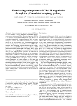 Homoharringtonine Promotes BCR‑ABL Degradation Through the P62‑Mediated Autophagy Pathway