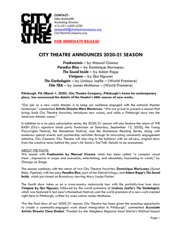 City Theatre Announces 2020-21 Season