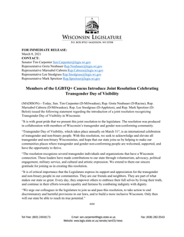 Members of the LGBTQ+ Caucus Introduce Joint Resolution Celebrating Transgender Day of Visibility